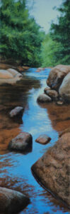 Oil painting by Alex Dunwoodie of a narrow boulder filled stream, the blue sky is reflected in the water