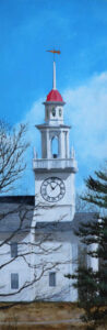 Oil painting by Alex Dunwoodie of the South Congregational Church looking from Kennebunk, in late winter, with blue sky.